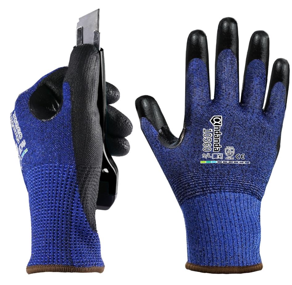 ANDANDA Cut Resistant Gloves Level C, 3D Comfort Stretch Fit, PU Coated Work Gloves with Power Grip, Ideal Work Gloves for Men/Women Handle Glass, Sharp Metal, Blue(L),1Pair