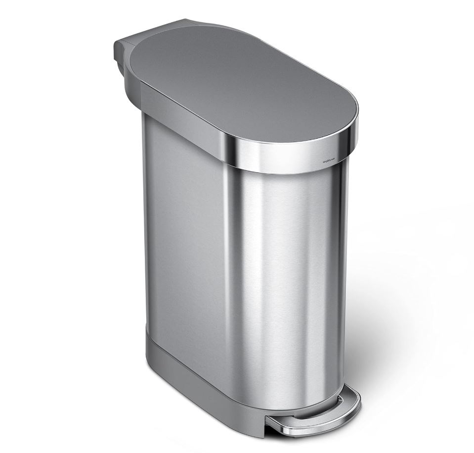 simplehuman 45 Liter / 12 Gallon Slim Hands-Free Kitchen Step Trash Can, Brushed with Plastic Lid