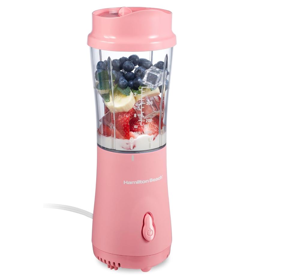 Hamilton Beach Portable Blender for Shakes and Smoothies with 14 Oz BPA Free Travel Cup and Lid, Durable Stainless Steel Blades for Powerful Blending Performance, Coral (51171)