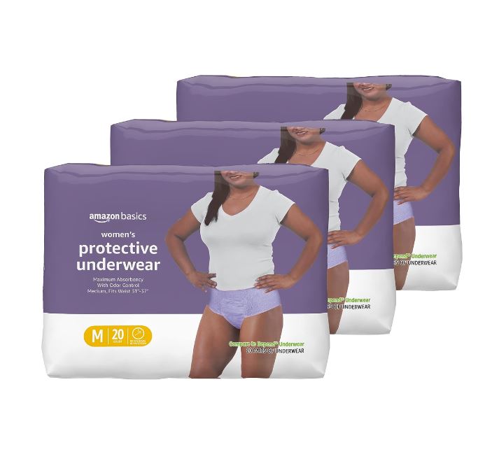 Amazon Basics Incontinence & Postpartum Underwear for Women, Maximum Absorbency, Medium (60 Count) - 20 Count (Pack of 3), Lavender (Previously Solimo)