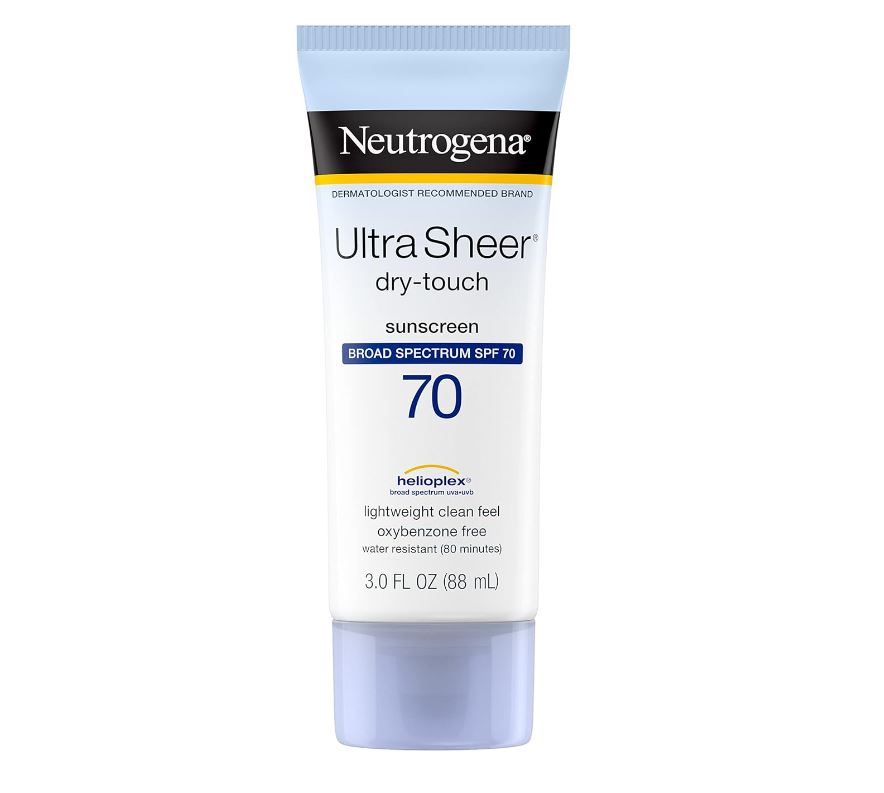 Neutrogena Sunscreen for Face and Body, Ultra Sheer Dry-Touch, Broad Spectrum SPF 70, Water Resistant and Non-Greasy Sunscreen Lotion, Non-Comedogenic Travel Size Bottle, 3 Fl Oz