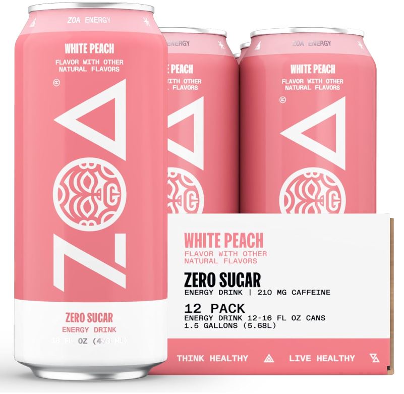ZOA Zero Sugar Energy Drinks, White Peach - Sugar Free with Electrolytes, Healthy Vitamin C, Amino Acids, Essential B-Vitamins, and Caffeine from Green Tea - 16 Fl Oz (12-Pack)