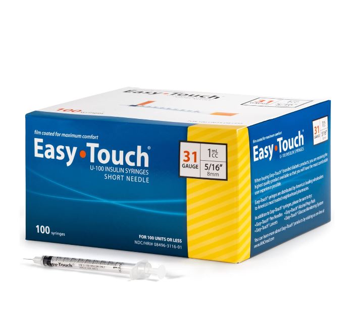 EasyTouch U-100 Insulin Syringe with Needle, 31G 1cc 5/16-Inch (8mm), Box of 100