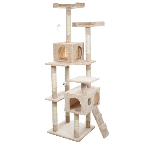 Cat Tree - 5.5-Foot Cat Tower for Indoor Cats with Perches, 2 Condos, 9 Cat Scratching Posts, 2 Hanging Toys, and 2-Step Ladder by PETMAKER (Beige) 8-Tier