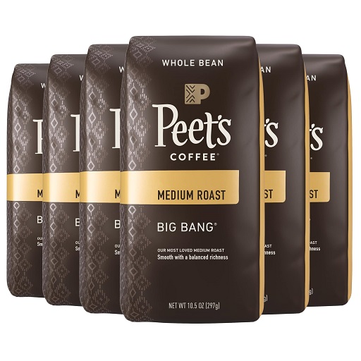 Peet's Coffee, Medium Roast Whole Bean Coffee - Big Bang 63 Ounces (6 Bags of 10.5 Ounces) Big Bang 10.5 Ounce (Pack of 6), List Price is $59.88, Now Only $26.98