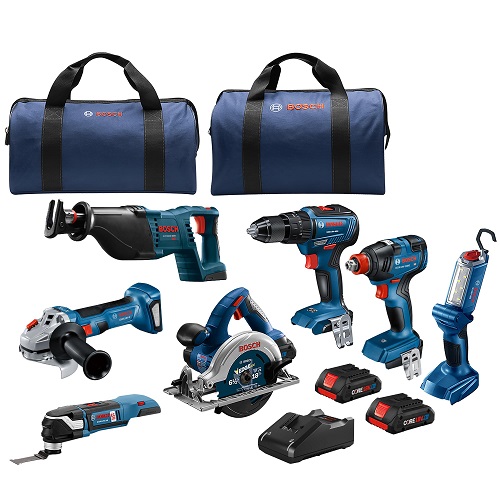 BOSCH GXL18V-701B25 18V 7-Tool Combo Kit with 2-In-1 Bit/Socket Impact Driver, Hammer Drill/Driver, Recip Saw, Circular Saw, Oscillating Tool, Angle Grinder, LED Worklight & (2)18V 4 Ah,  $599