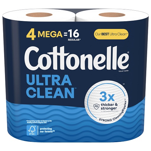 Cottonelle Ultra Clean Toilet Paper, 4 Mega Rolls (4 Mega Rolls = 16 Regular Rolls), 284 Sheets Per Roll (Packaging May Vary), List Price is $6.49, Now Only $4.00