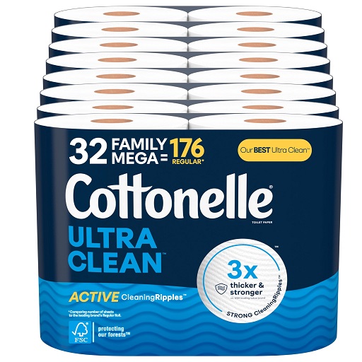Cottonelle Ultra Clean Toilet Paper with Active CleaningRipples Texture, 32 Family Mega Rolls (32 Family Mega Rolls = 176 Regular Rolls) (8 Packs of 4), 353 Sheets Per Roll,  Only $25.83