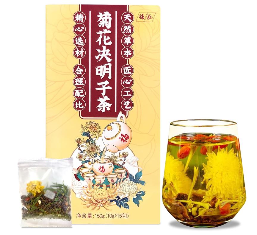 FU PAI E JIAO Chrysanthemum Cassia Seed Tea - Organic Herbal Tea Bags, Honeysuckle, Licorice, Chrysanthemum Combination Flower Tea (150g, 10gX15Bags) 菊花决明子茶