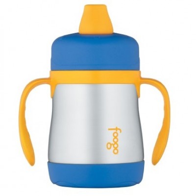 THERMOS FOOGO Vacuum Insulated Stainless Steel 7-Ounce Soft Spout Sippy Cup with Handles, Blue/Yellow, only $9.84