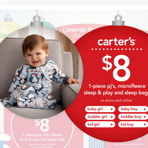 Carters: 1-pc pjs, Microfleece Sleep & Play & Sleep bags $8