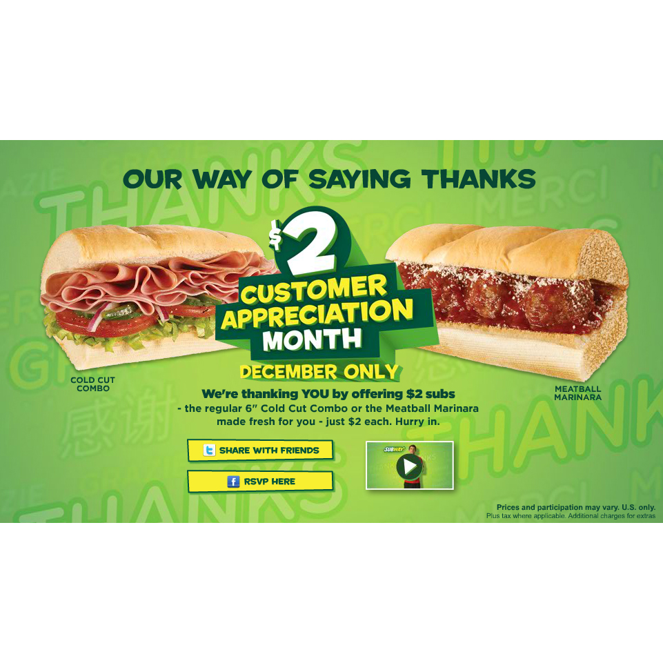 Subway offers Customer Appreciation Month (December) Grocery/Gourmet