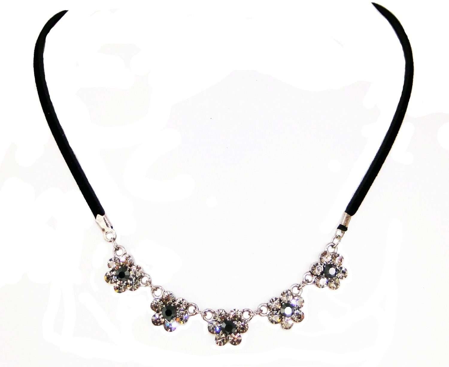 Swarovski Crystals Necklace with 5 Crystal Flowers - Jet Hematite Black Diamond $12.99