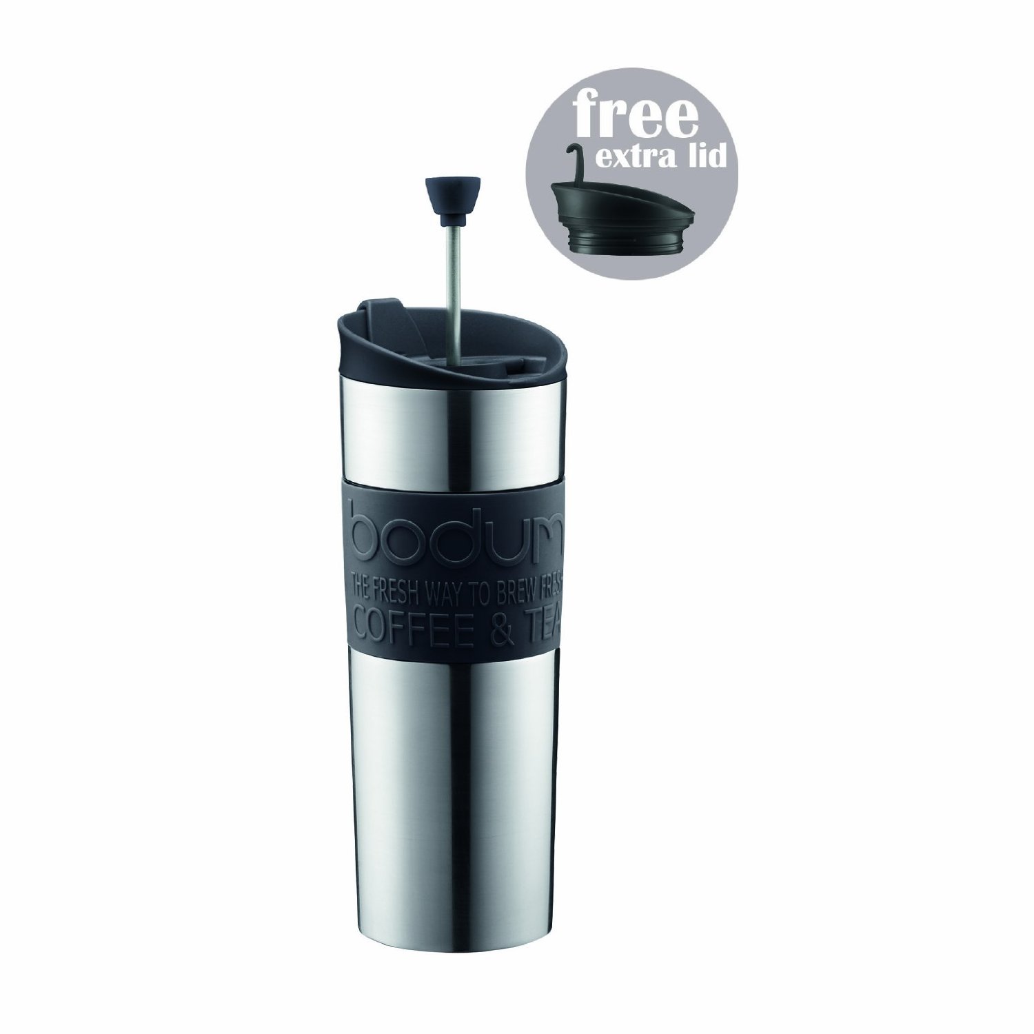 Bodum Double-Wall Stainless Steel 0.45 Liter Travel Coffee and Tea Press, with Bonus Tumbler Lid, 16-Ounce $23.74