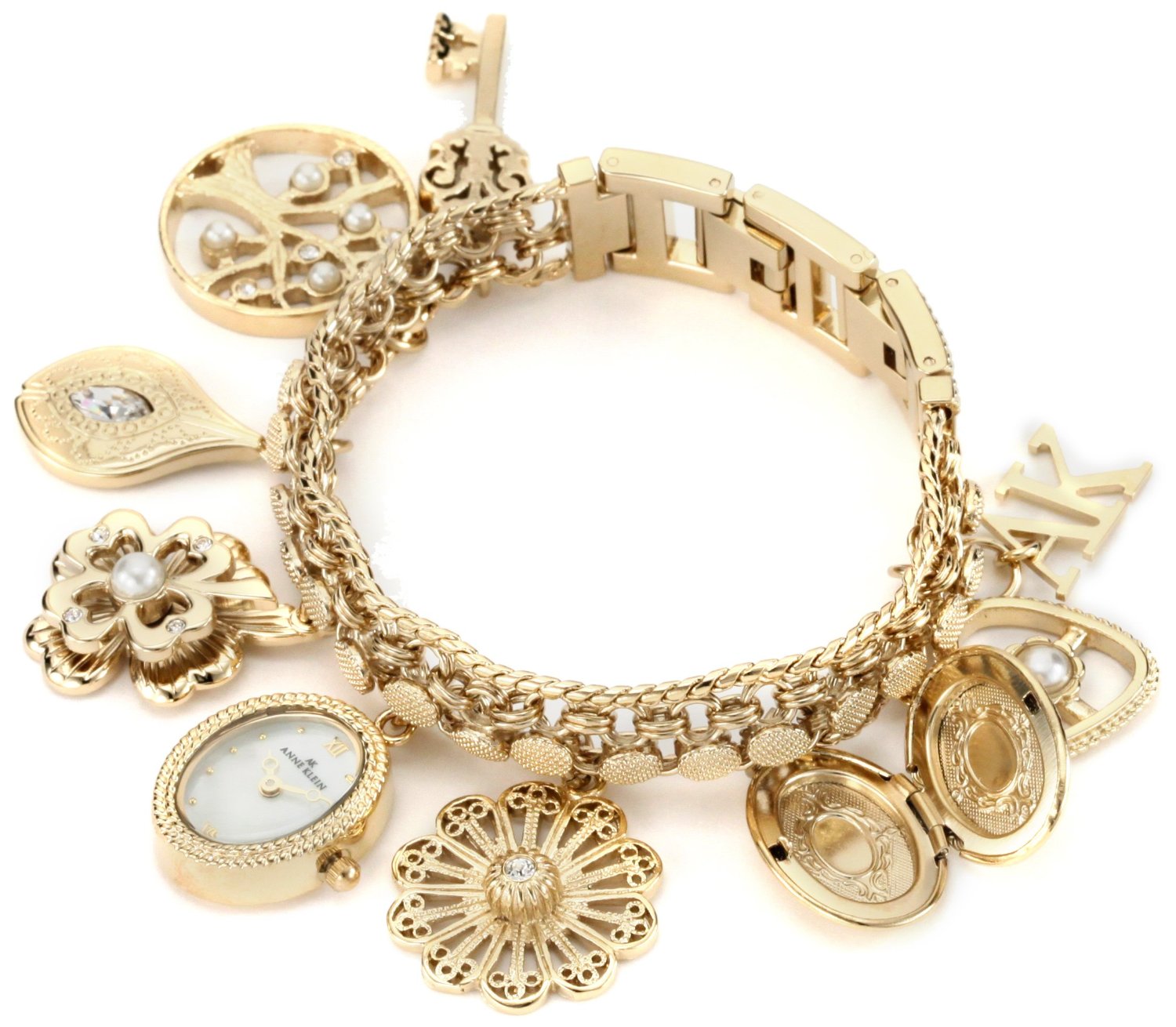 AK Anne Klein Women's 10-8096CHRM Swarovski Crystal Accented Gold-Tone Charm Bracelet Watch $73