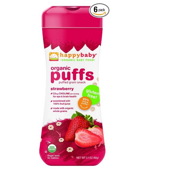 HAPPYBABY Organic Puffs, Strawberry, 6 - 2.1-Ounce Containers  $15.95, only $11.47, free shipping after clipping coupon and using SS