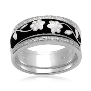 Sterling Silver Enamel Flower Diamond Stack Ring (1/10 cttw, I-J Color, I2-I3 Clarity), Size 7 $69.17