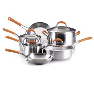 Rachael Ray Stainless Steel 10-Piece Cookware Set, Orange $89.99