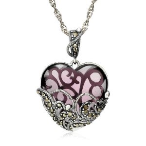 Sterling Silver Marcasite and Amethyst Colored Glass Heart Pendant, 18