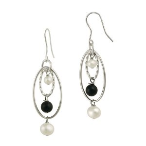 Sterling Silver Onyx and Freshwater Cultured Pearl Drop French Wire Earrings $27