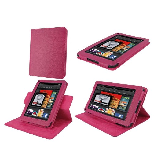 rooCASE Dual-View Multi Angle (Magenta) Genuine Leather Folio Case Cover for Amazon Kindle Fire 7-Inch Android Tablet $6.88