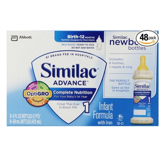 Similac Advance Newborn Infant Formula with Iron, Stage 1 Ready-to-Feed Bottles, 2 Ounce, (Pack of 48) , only $36.28, free Shipping after clipping coupon