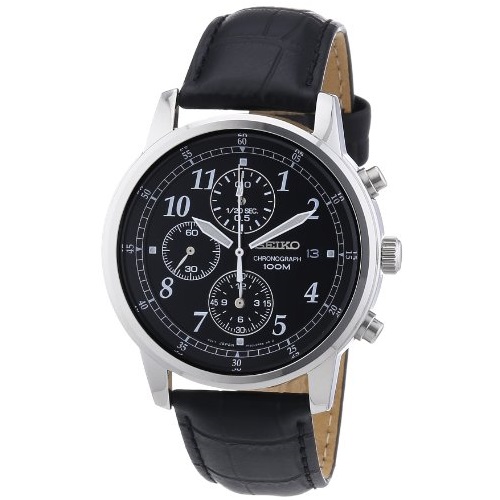 Seiko Men's SNDC33 Classic Black Leather Black Chronograph Dial Watch，$94.76, free shipping