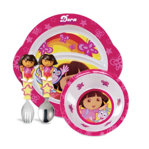 讓寶寶快樂吃飯！Munchkin麥肯奇 Dora The Explorer愛冒險的朵拉幼兒餐具套裝，原價$12.99，現僅售 $11.34