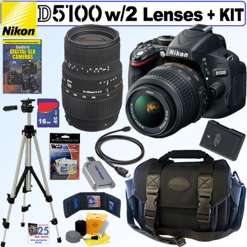 Nikon D5100 16.2MP CMOS Digital SLR Camera with 18-55mm f/3.5-5.6 AF-S DX VR Nikkor Zoom Lens and Sigma 70-300mm f/4-5.6 SLD DG Macro Lens with built in motor + 16GB Deluxe Accessory Kit $899.95+ $19.95 shipping 