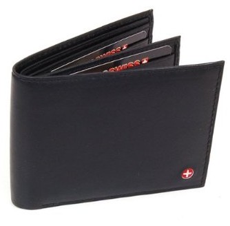Alpine Swiss Men's Leather Wallet - Euro Traveler style with Center Flip ID Window - Black Comes in a Gift Bag $11.99