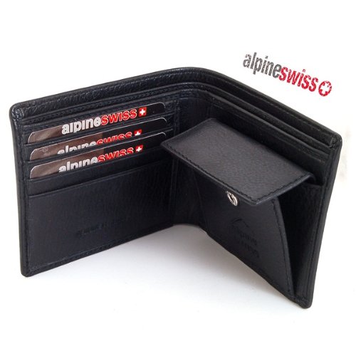 Alpine Swiss Mens Leather Bifold Wallet with Coin Pocket Purse Pouch & 2 Bill Sections both lined with Luxurious Suede and made of Durable Cow Hide Leather $10.99