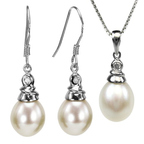 Crystal Top 8-9mm AAAA Drop Pearl Platinum Overlay CAREFREE Sterling Silver Pendant Necklace & Earrings Set, White$66.45(53%)