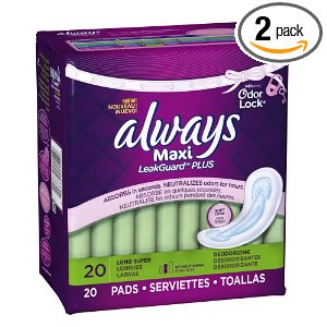 Always Maxi LeakGuard Plus Odor-Lock Long/Super without Wings, Lightly Scented Pads, 20 Count (Pack of 2) $2.99