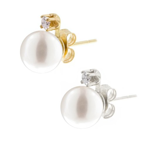 14k White or Yellow Gold White Freshwater Cultured Pearl and Diamond Stud Earrings (7-7.5mm ) 0.10 cttw, H-I Color, I1-I2 Clarity)$148.99(74%)