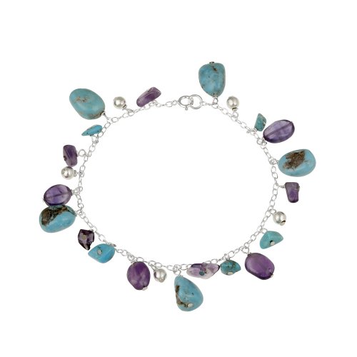 Sterling Silver Bracelet with Turquoise, Amethyst and Sterling Silver Bead Drops, 7.5