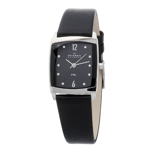 Skagen 691SSLB 女款石英黑色錶盤施華洛世奇元素黑色小牛皮錶帶手錶 現僅售$46.00（60％折扣）