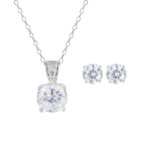 Sterling Silver Cubic Zirconia Solitaire Earrings and Pendant Set, 18