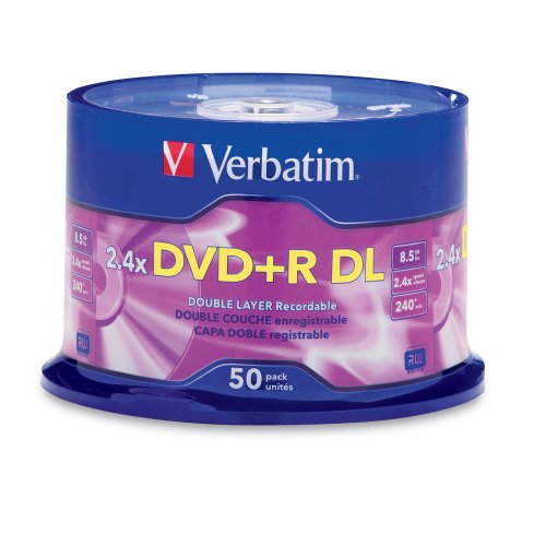 Verbatim 96577 8.5 GB AZO 2.4X Double Layer Recordable Disc DVD+R DL, 50-Disc Spindle $38.99+free shipping
