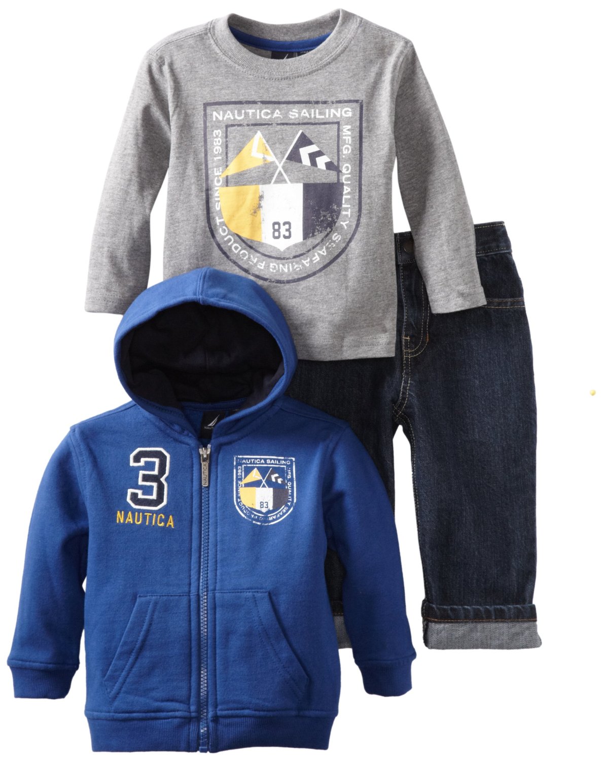 Nautica Sportswear Kids Baby-Boys Infant 3 Piece Long Sleeve Knit And Denim Pant Full Zip Fleece Set  $22.23