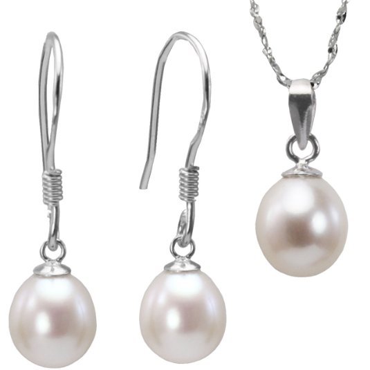 Pearl Essence 7-8mm AAAA Drop Pendant Necklace & Earrings Set in Platinum Overlay CAREFREE Sterling Silver, White $40.95+free shipping 