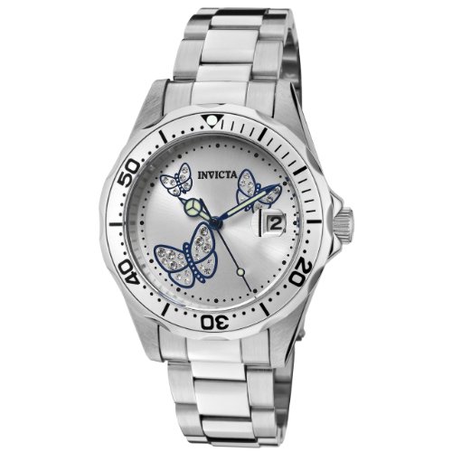 動感時尚！折扣高達89％Invicta因維克塔12833 女款專業潛水員銀色錶盤水晶鑲嵌蝴蝶手錶 特價僅售$89.99