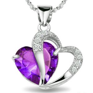 Rhodium Plated 925 Silver Diamond Accent Amethyst Heart Shape Pendant Necklace 18