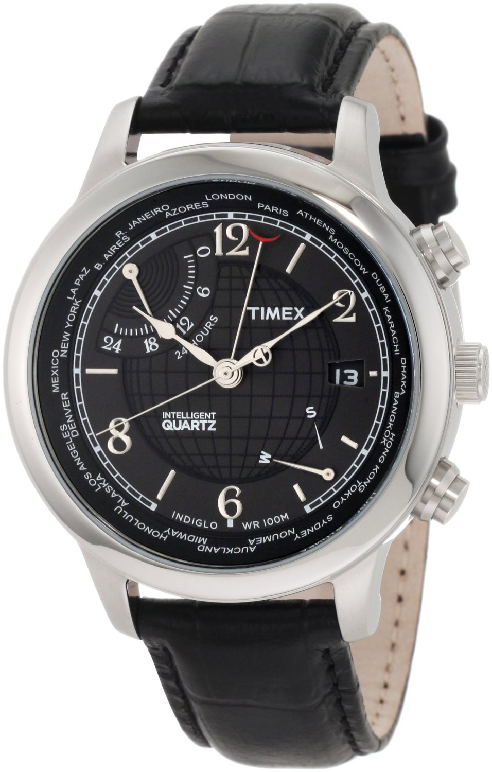 Timex Men's T2N609 Intelligent Quartz Traveller Series World Time Black Dial Black Croco Leather Strap Watch  $87.48
