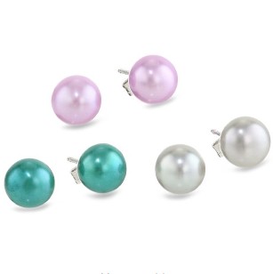 Sterling Silver 7-7.5mm Freshwater Cultured Pearl Lavender, Teal Blue and Silver Grey Set of 3 Earrings $16.20 (54%)