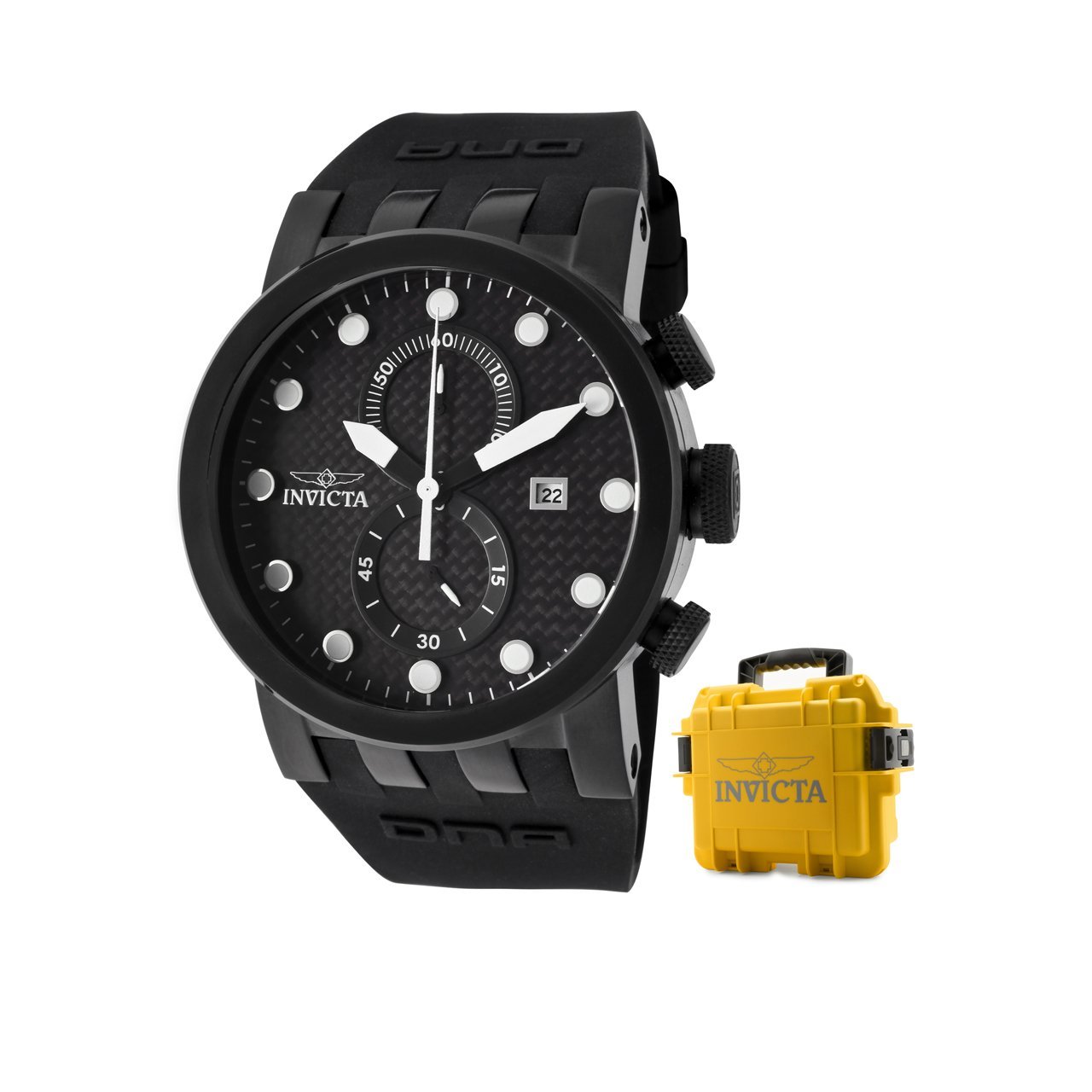 Invicta Men's 10427X DNA Racer Chronograph Black Carbon Fiber Dial Black Silicone Watch with Yellow Impact Case  $99.99