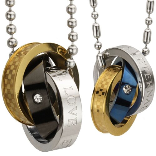Eternal Love Stainless Steel Interlocking Triple Rings Pendant Necklace Couples Set 18