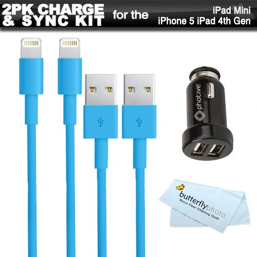 (2pk) 8 Pin lightning To USB Cable 3 Ft - Charge and Sync Cable For iPhone 5, iPad Mini, iPad 4th Generation + Photive 2.1Amp Dual USB Car Charher + MicroFiber Cleaning Cloth (Blue) $9.95+free shipping