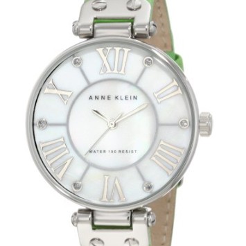 大盤古典清新款！Anne Klein女士 10/9919MPLG銀色綠皮錶帶腕錶 特價$38.19(31%off)免運費