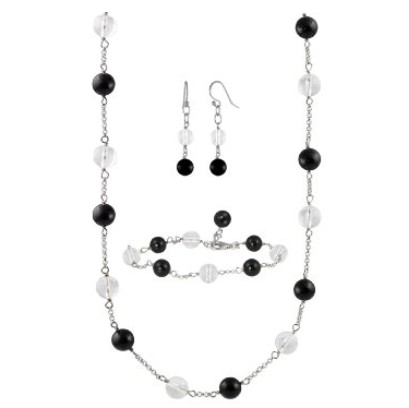 Black Agate and Faceted Crystal Sterling Silver Rhodium Plated 3 Piece Tincup Jewelry Set (8-8.5mm) $110.00 (52%)