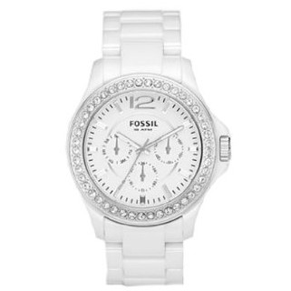 Fossil Women's CE1010 White Ceramic Bracelet White Glitz Analog Dial Multifunction Watch $147.93 (34%off)